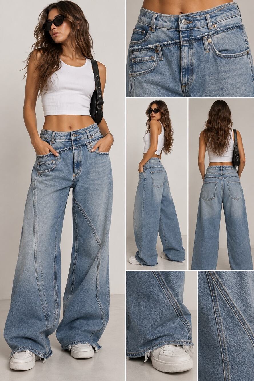Zara Double Waistband Wide Leg Jeans 10 Deconstructed Raw Hem LT Wash Streetwear